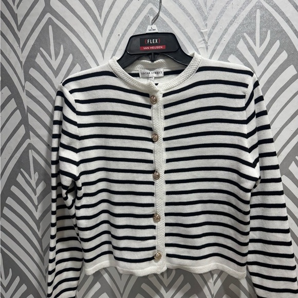 Black and White Striped Knit Cardigan - Picture 1 of 5